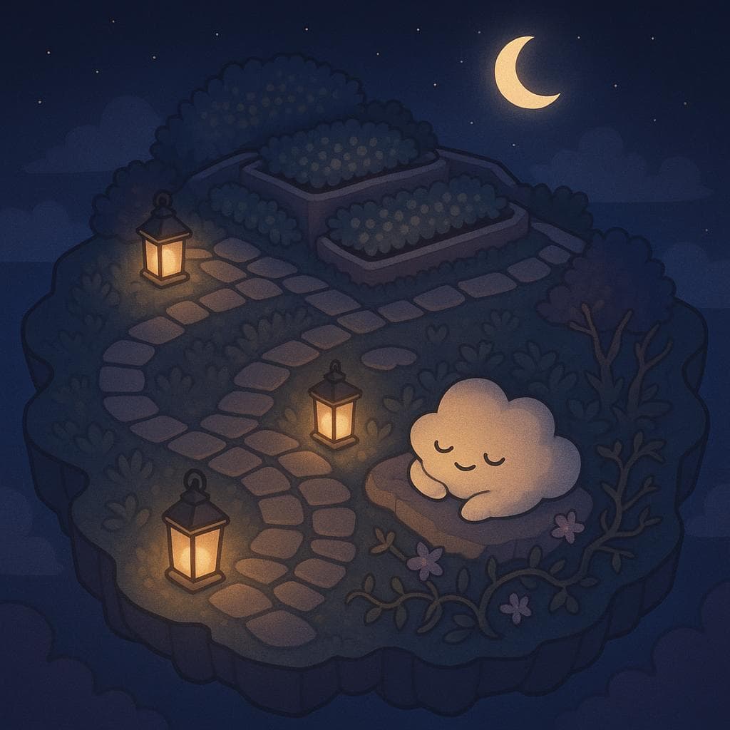 Overhead medium-wide shot digital illustration of the floating island garden at night, now calmer and more organized, with the stone paths clearly defined and the terraced plants softly glowing. The cloud character is curled up comfortably on a flat stone near a cluster of lanterns, eyes gently closed, with a few once-thorny vines now blooming around them to suggest managed, not vanished, stress. The scene is lit by warm lantern light and a soft crescent moon glow, creating a peaceful, resolved atmosphere in muted blues, purples, and golds.
