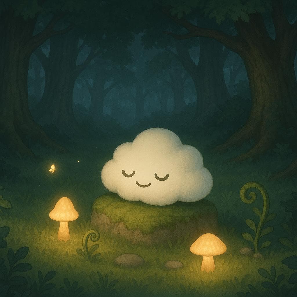 Wide, slightly overhead digital illustration of the same forest clearing now calmer and clearer, with the mist thinned and the ancient trees feeling protective rather than imposing. The cloud character is nestled comfortably on a moss-covered stone, eyes gently closed and form subtly more rounded and serene, surrounded by softly glowing mushrooms arranged like a simple toolkit around them (a small lantern-shaped mushroom, a spiral fern, and a smooth stone), while a few fireflies drift lazily above. The primary light is a warm, steady glow from one larger mushroom near the cloud, balanced by soft moonlight filtering through the canopy, conveying quiet resolution and grounded peace.