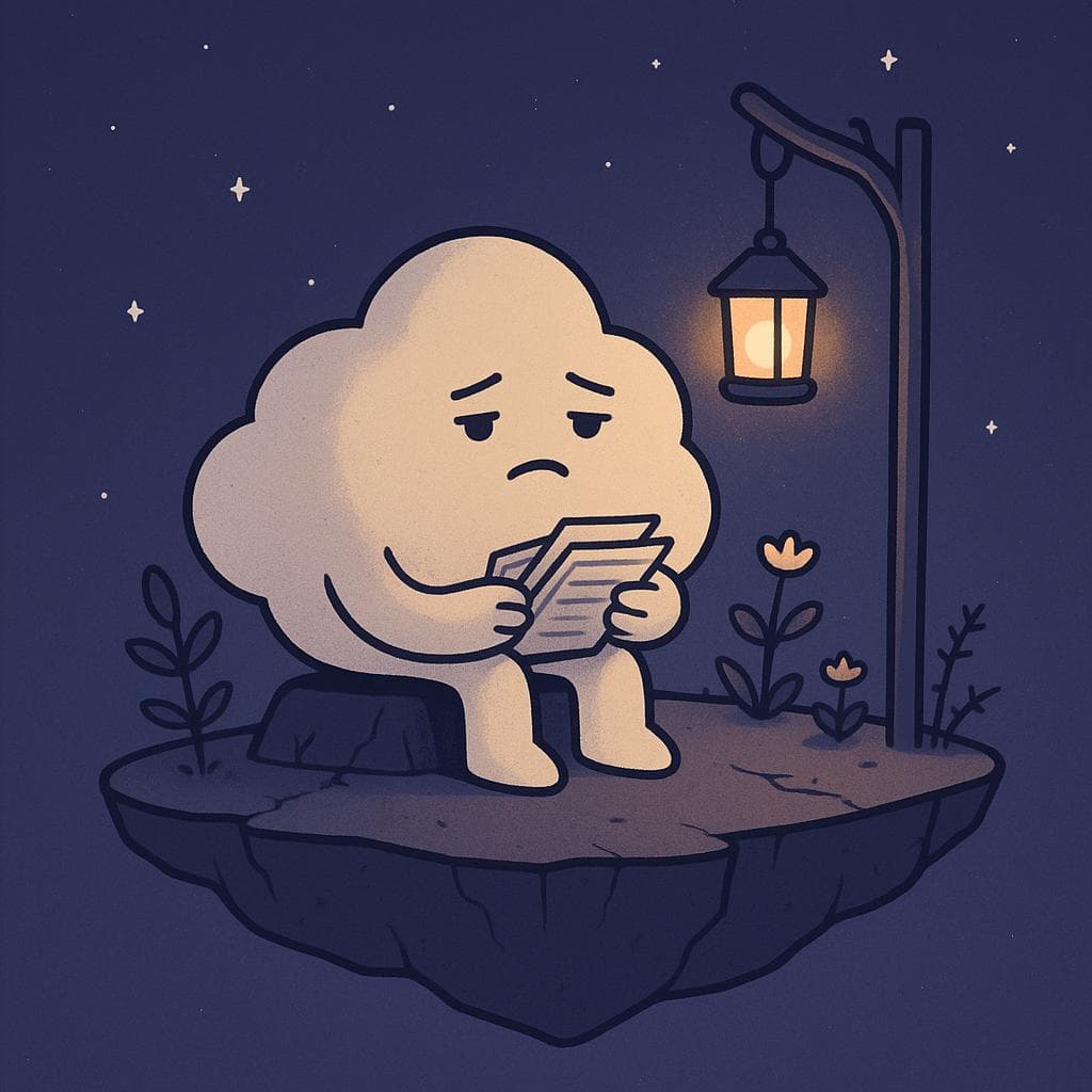 A minimalist digital illustration of a soft, round, friendly cloud character sitting on the edge of a small floating island at night, clutching a stack of subtle bill-like papers that gently flutter like thoughts. Around the cloud, a few small plants and flowers grow out of cracked, slightly weathered ground with tiny thorns on some stems, while a single warm lantern hangs from a crooked post, casting a cozy glow against a deep blue-purple starry sky. The overall mood is tender and overwhelmed-but-relatable, with the lantern light highlighting the cloud’s tired eyes as it stares into the distance, reflecting the weight of student debt and constant mental tabs.