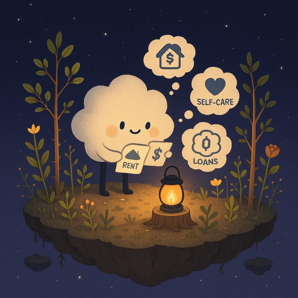 A clean, whimsical digital illustration of the same cloud character standing on a slightly larger floating island at night, now surrounded by more plants, flowers, and a couple of small trees that show new buds and gentle upward growth. Some stems still have soft, not-scary thorns and the soil looks a bit weathered, but a warm lantern placed on a stone or stump creates a focused pool of light where the cloud is calmly sorting a few paper ‘thought bubbles’ labeled with simple icons for rent, loans, and self-care. The dark blue-purple starry sky and drifting nearby mini-islands emphasize that progress is small but real, with the mood shifting toward tentative organization and emotional coping.