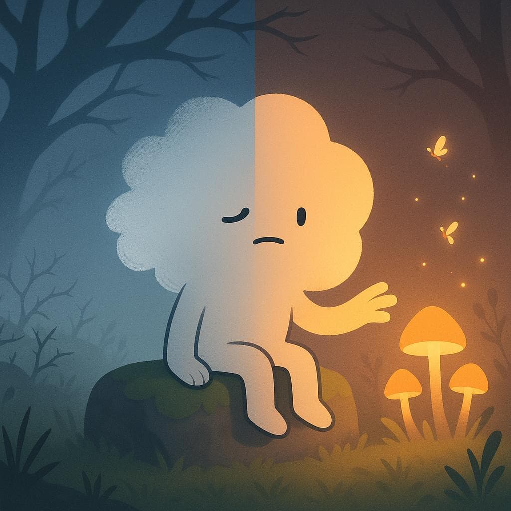 Medium shot digital illustration of the cloud character sitting on a moss-covered stone in the same misty clearing, split between two light sources to symbolize the confusion between burnout and deeper sadness. On one side, cool bluish moonlight through the ancient branches makes part of the cloud look thin and frayed; on the other, a cluster of glowing mushrooms and swirling fireflies casts a warm light that reveals a clearer, rounder outline, while faint thorny shadows stretch between the two. Minimalist, clean style with soft gradients and subtle texture, capturing a moment of reflection as the cloud gently reaches out toward the warmer glow.