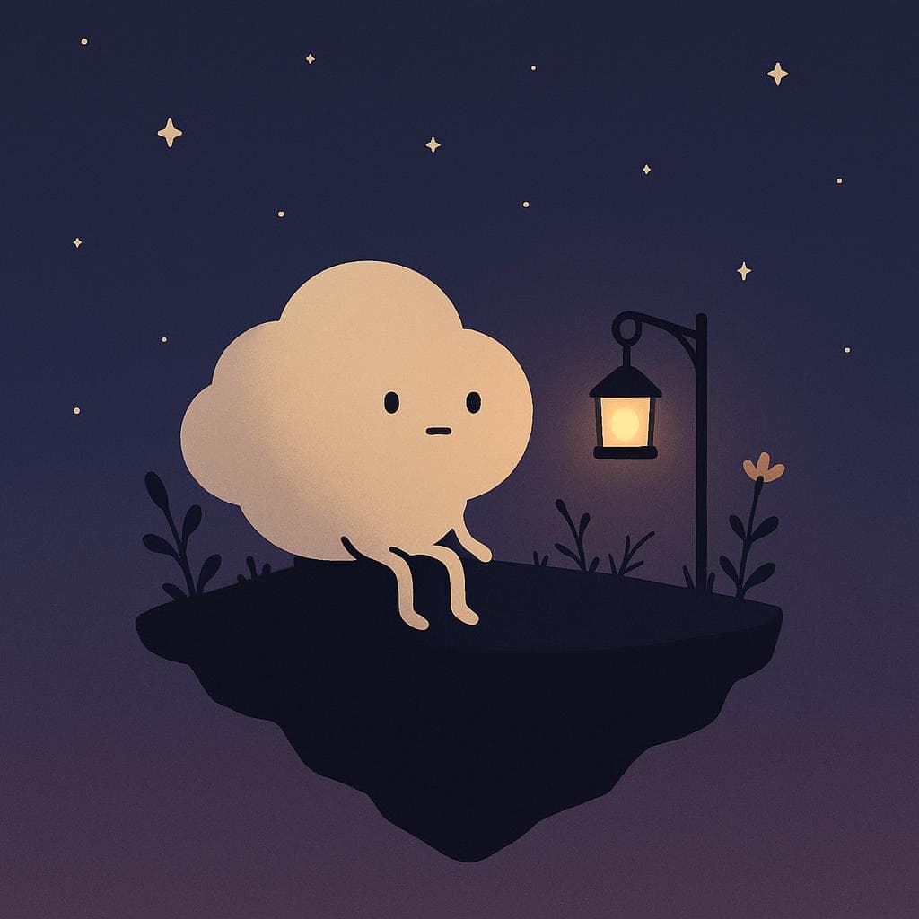 A minimalist digital illustration of a gentle, round cloud character sitting on the edge of a small floating island at night, legs dangling as it looks out over a dark blue and purple sky filled with soft stars. Sparse plants and a few delicate flowers grow around it, with a couple of subtle thorny stems near its feet, while a single warm lantern hangs from a short post, casting a cozy glow that just reaches the cloud but leaves the edges of the island in quiet shadow. The mood feels introspective and relatable, capturing that sense of being surrounded by beauty yet still feeling quietly alone.