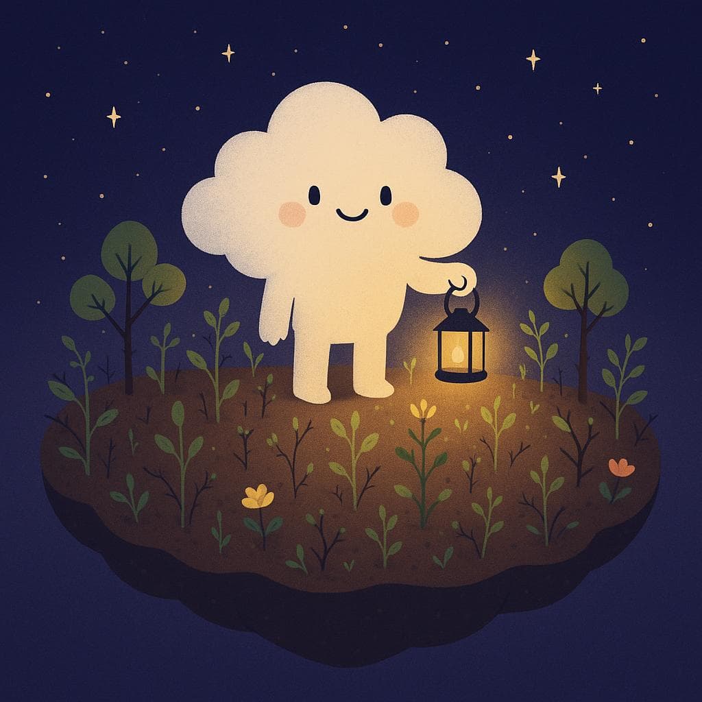 A clean, whimsical digital illustration of the same friendly cloud character standing in the middle of a slightly larger floating island garden at night, with more plants, small trees, and flowers emerging from the soil than before. Some stems still have gentle thorns or weathered leaves, but the cloud is holding a small warm lantern that lights up new buds and soft greenery around it, while stars shimmer in the deep blue-purple sky. The composition emphasizes progress and tiny growth, with the lantern’s glow creating a small circle of safety and possibility in the darkness.