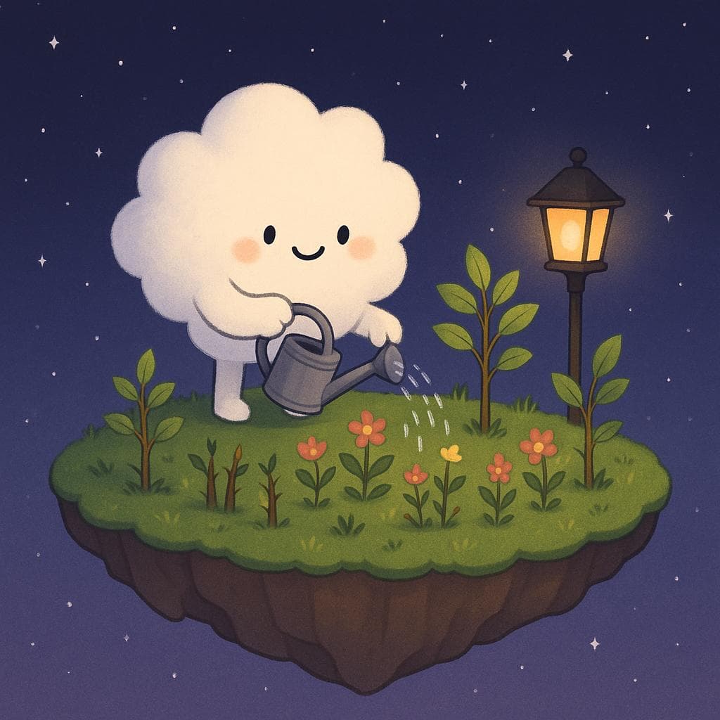 A clean, whimsical digital illustration of the same floating island, now slightly larger and more stable, showing the cloud character standing and gently watering a small garden of plants, flowers, and baby trees that are clearly growing taller and healthier. Some stems still have small thorns or rough patches, but they’re surrounded by new leaves and buds, symbolizing progress with ADHD, anxiety, and low mood. The night sky is dark blue-purple with more visible stars, and a warm lantern on a simple post softly lights the island, suggesting that the right wellness tools can make growth feel manageable and low-pressure.