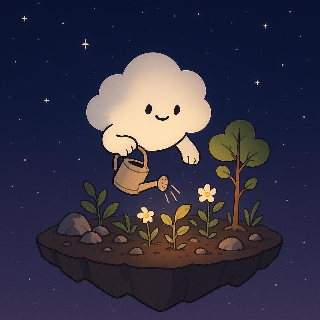 Digital illustration of the same friendly cloud character standing in the middle of a slightly larger floating island at night, using the warm lantern light to gently water a growing cluster of plants, flowers, and a small tree. Some leaves have tiny thorns and a few stones look weathered, symbolizing progress through difficulty, while the starry dark blue-purple sky feels expansive and hopeful. Minimalist, clean style emphasizing growth, focus, and small wins in a calm, game-like world.