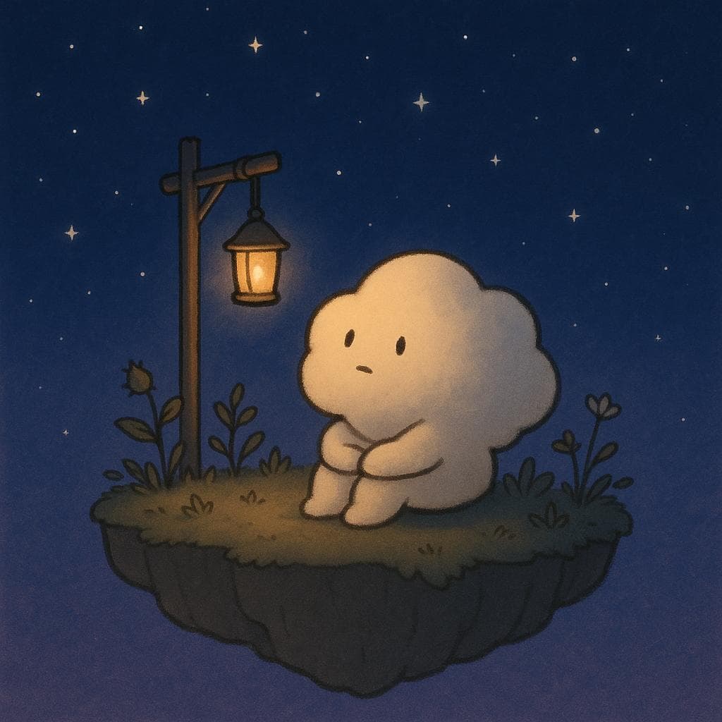 A soft, round cloud character sits on the edge of a small floating island at night, looking thoughtfully toward a distant sky of deep blue and purple filled with gentle stars. Around them are a few small plants and flowers, some with tiny thorns or slightly weathered leaves, softly lit by a warm lantern that hangs from a simple post, creating a cozy, minimalist illustration that feels calm and introspective. The overall scene introduces the cloud character as they quietly wonder whether their current path is really the right fit.