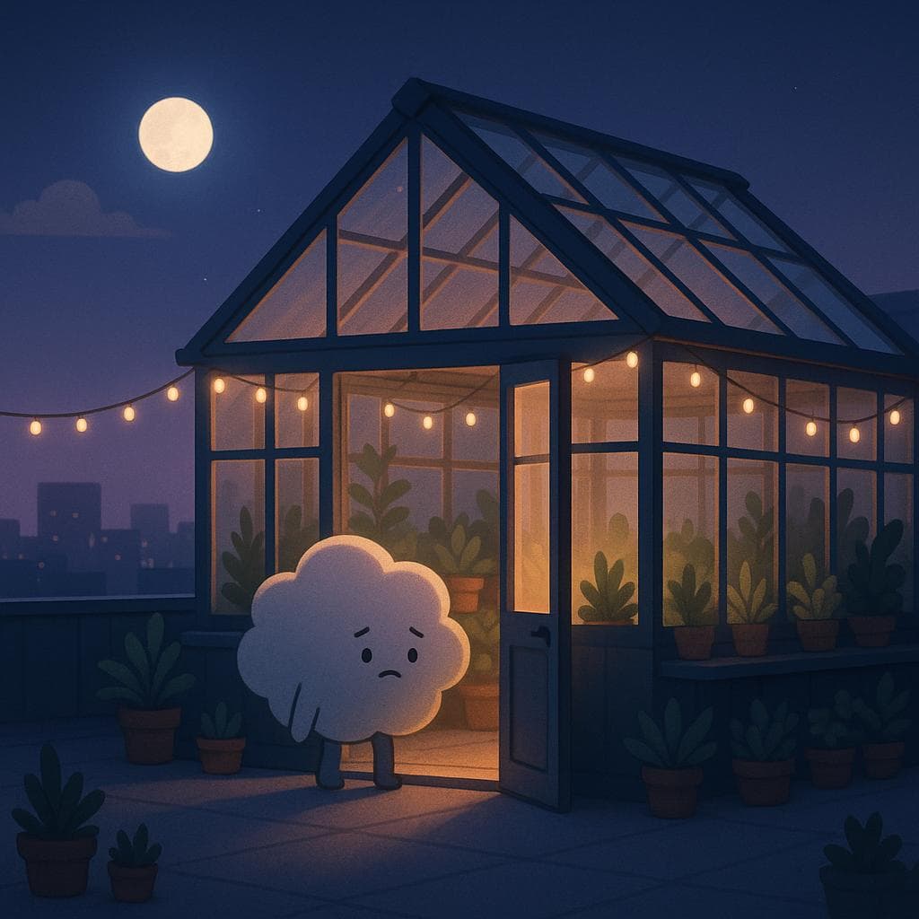 Wide establishing shot digital illustration of a moonlit rooftop greenhouse, glass panels glowing softly against a deep blue-purple sky, with a gentle round cloud character hesitating at the open doorway, half inside and half outside. Potted succulents and leafy plants line low benches, string lights drape overhead, and the distant city silhouette is blurred and quiet, lit mainly by cool moonlight with warm accent light spilling from inside. The mood is tender and overwhelmed-but-curious, as the cloud seems tired and slightly droopy, deciding whether to step fully into this tranquil refuge.