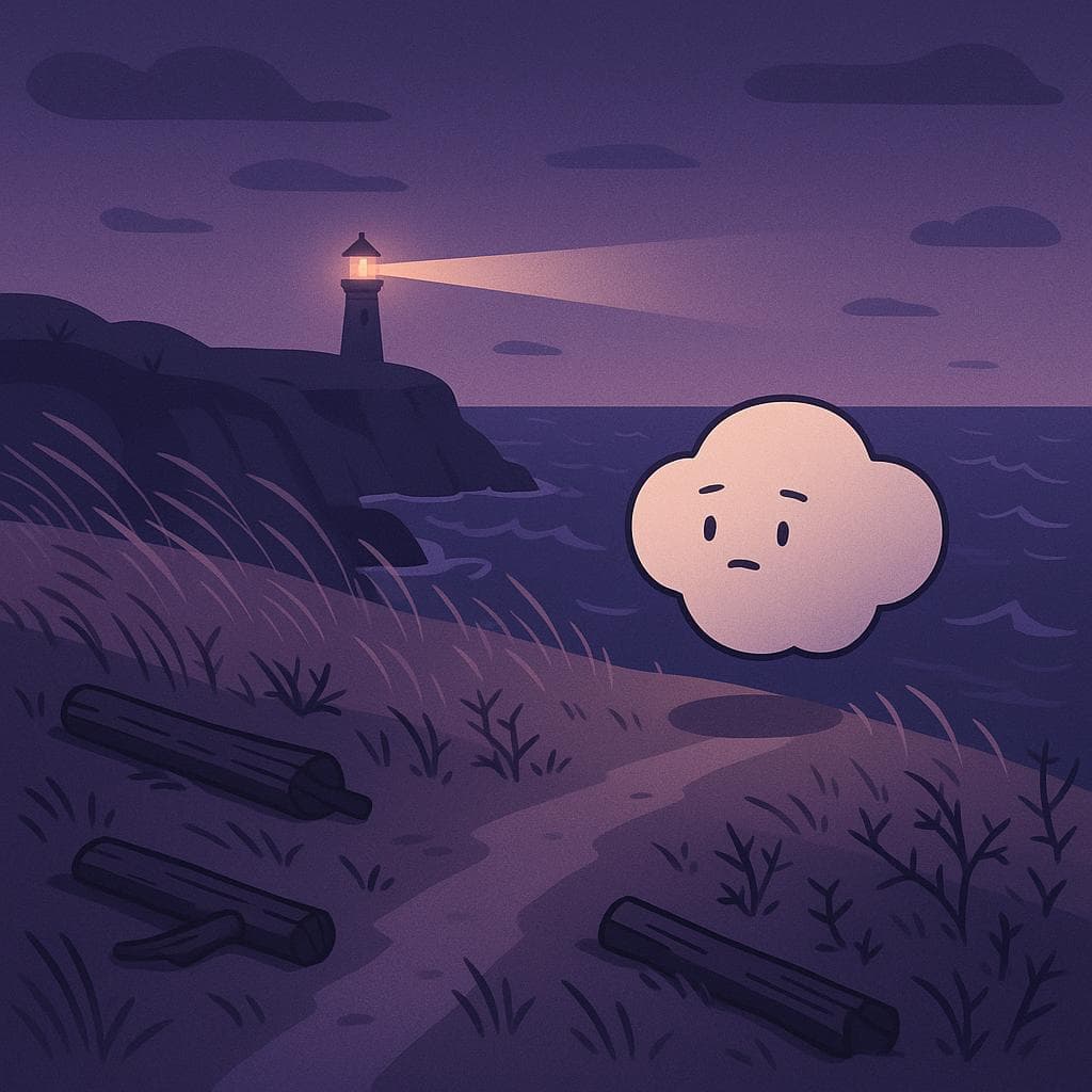 Wide establishing shot digital illustration of a twilight seaside cliff sanctuary, with dark blue waves crashing below and wind-swept grasses bending in the breeze around scattered driftwood. A gentle round cloud character with a faint, weary but curious expression floats just above the cliff edge, pausing as if arriving for the first time while the distant lighthouse casts a soft warm glow across the scene. Muted purples and blues dominate, with the lighthouse beam as the main light source, minimalist and clean style, subtle thorny plants along the path hinting at quiet challenges.